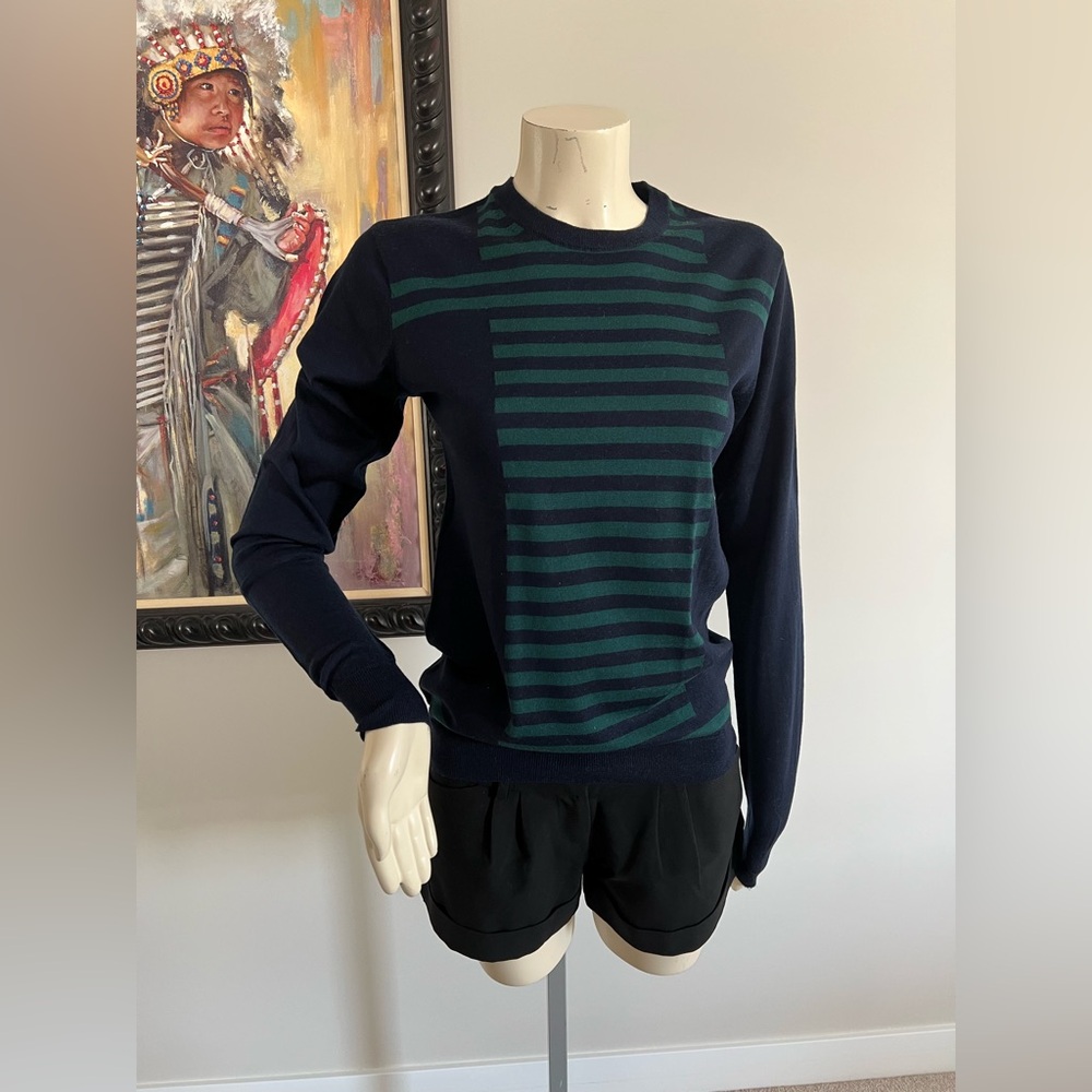 Valentino Navy Crewneck Sweater with Teal Stripes – No Size Tag (Fits XS–S) - Picture 3 of 12